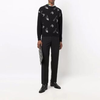 Off-White Herre FW21 Intarsia-strikket genser med logo, rund hals, løs passform, svart