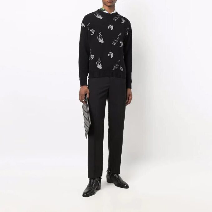 Off-White Herre FW21 Intarsia-strikket genser med logo, rund hals, løs passform, svart