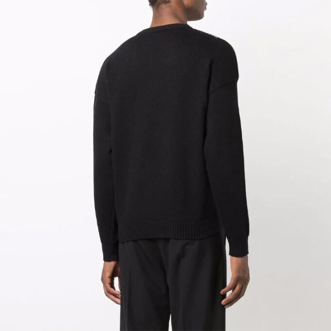 Off-White Herre FW21 Intarsia-strikket genser med logo, rund hals, løs passform, svart