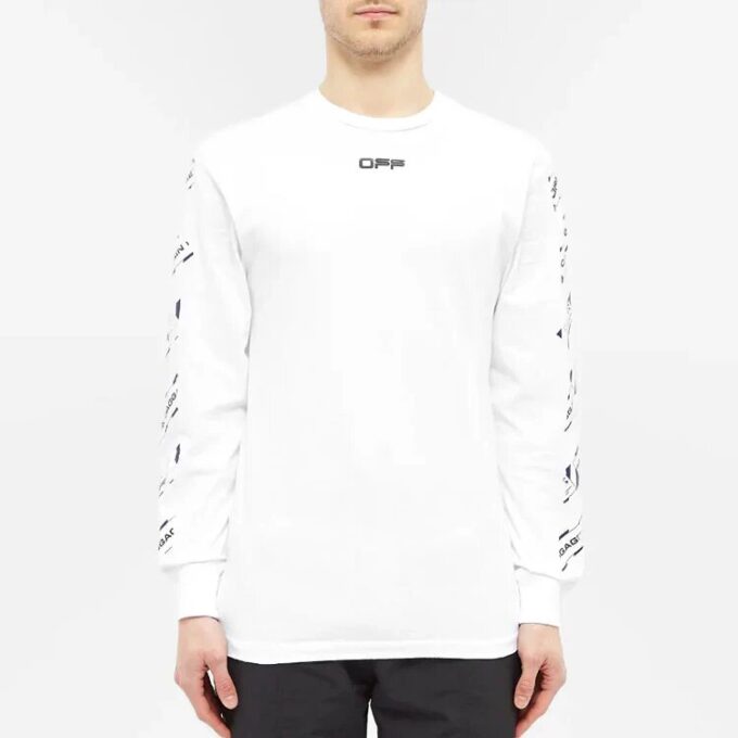 Off-White Herre FW21 Langermet T-skjorte med gummibånd, slim fit, hvit