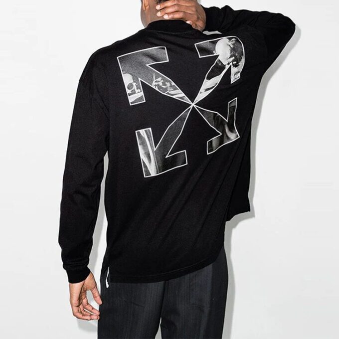 Off-White Herre FW21 Logo Alfabet Pil Rundhals Langermet Løs Passform Svart T-skjorte