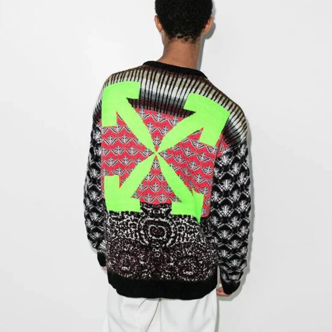 Off-White Herre FW21 Logo Arrows-mønster Rundhalset Ullgenser Løs Passform Grønn