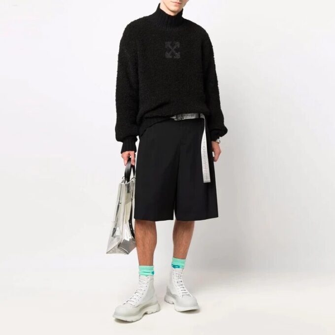 Off-White Herre FW21 Logo-mønster Ensfarget Høyhalset Ullgenser Løs Passform Svart
