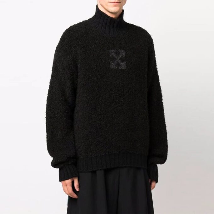 Off-White Herre FW21 Logo-mønster Ensfarget Høyhalset Ullgenser Løs Passform Svart