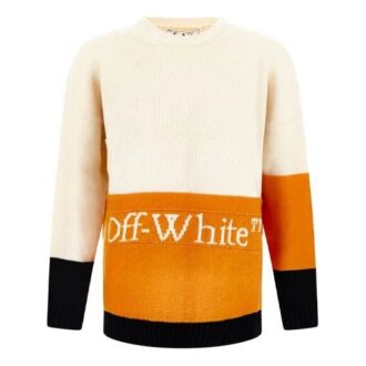 Off-White Herre FW21 Logo Mønster Løs Langermet Colorblock Ullgenser Hvit