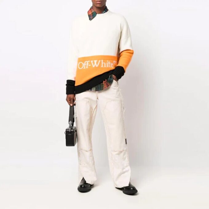 Off-White Herre FW21 Logo Mønster Løs Langermet Colorblock Ullgenser Hvit
