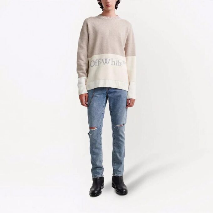 Off-White Herre FW21 Logo-mønster Rundhalset Pullover Langermet Colorblock Ullgenser Løs Passform
