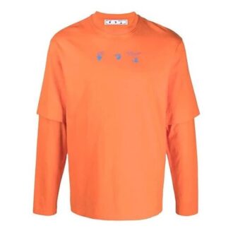 Off-White Herre FW21 Logo Rundhalset Pullover Trykk Langermet Løs Passform Oransje T-skjorte