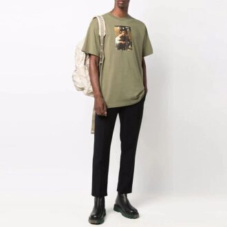 Off-White Herre FW21 Maleri-trykk Rund hals Kort ermet Løs passform Grønn T-skjorte