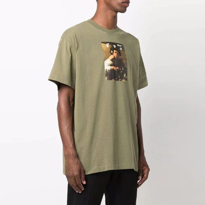 Off-White Herre FW21 Maleri-trykk Rund hals Kort ermet Løs passform Grønn T-skjorte