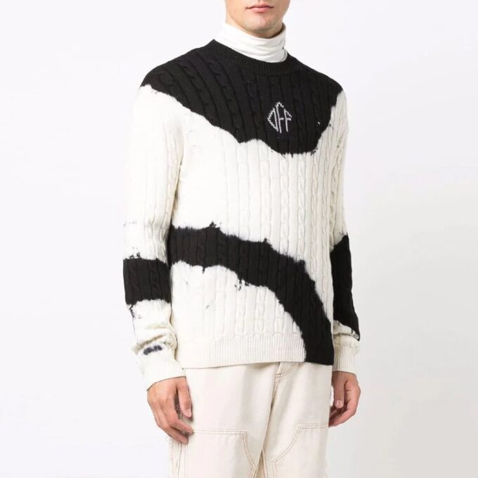 Off-White Herre FW21 Tie-dye-mønster Colorblock Strikk Rundhalset Pullover Ullgenser Løs Passform Hvit