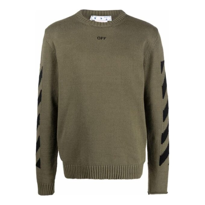 Off-White Herre FW22 Arrows-trykk Koselig Rundhalset Ullgenser Militærgrønn
