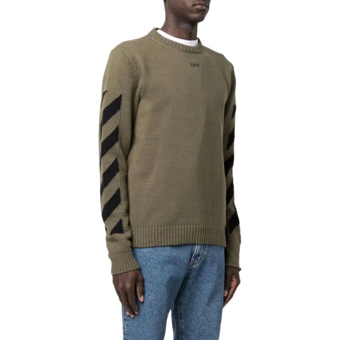 Off-White Herre FW22 Arrows-trykk Koselig Rundhalset Ullgenser Militærgrønn