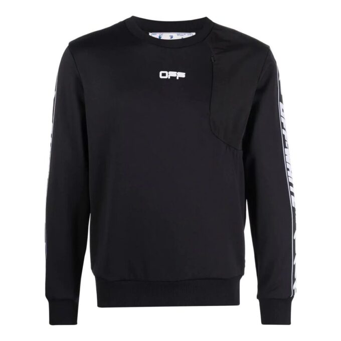 Off-White Herre FW22 Asymmetrisk Splicing Logo Webbing Rundhals Langermet Svart