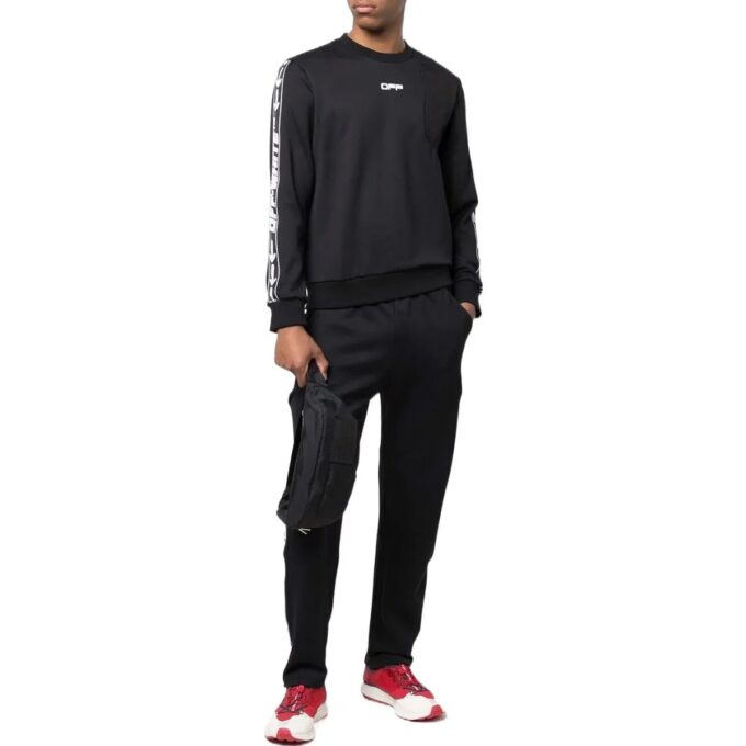 Off-White Herre FW22 Asymmetrisk Splicing Logo Webbing Rundhals Langermet Svart