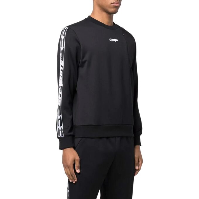 Off-White Herre FW22 Asymmetrisk Splicing Logo Webbing Rundhals Langermet Svart