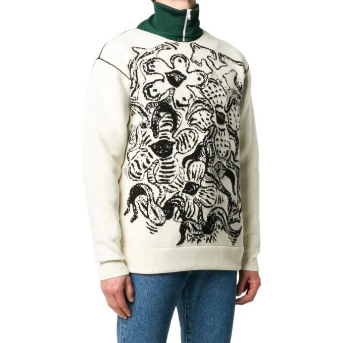 Off-White Herre FW22 Blomstermønster Jacquard Rundhalset Pullover Strikket Ullgenser Versjon Hvit