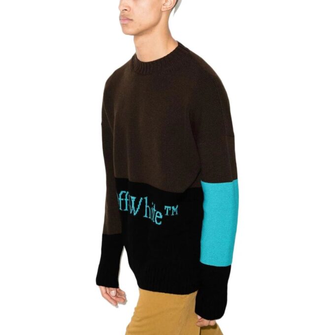 Off-White Herre FW22 Colorblock Logo Intarsia Rundhalset Langermet Ullgenser Versjon Mørkebrun