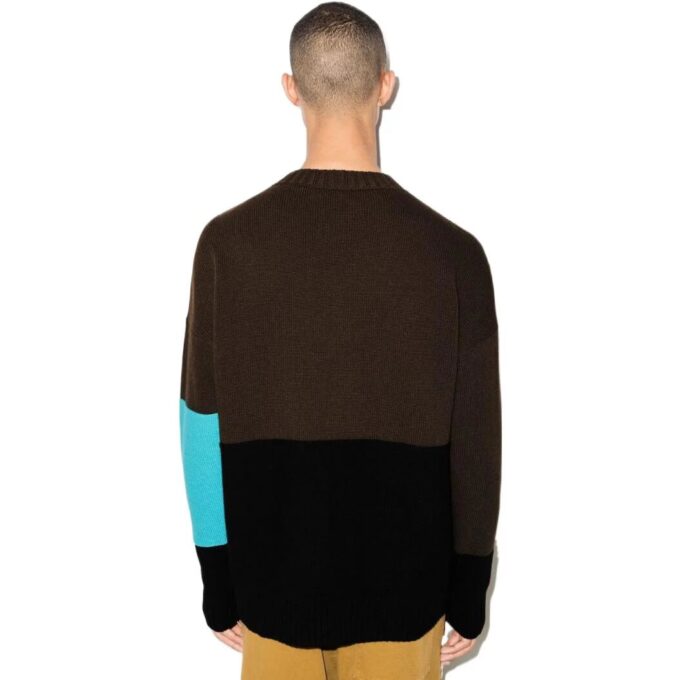 Off-White Herre FW22 Colorblock Logo Intarsia Rundhalset Langermet Ullgenser Versjon Mørkebrun