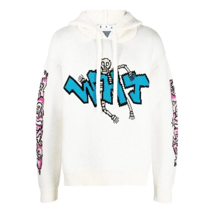 Off-White Herre FW22 Ensfarget Graffiti Langermet Hettegenser Hvit