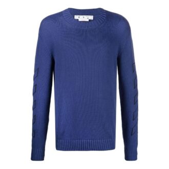 Off-White Herre FW22 Ensfarget Logo-brodert Rundhalset Pullover Langermet Ullgenser Blå