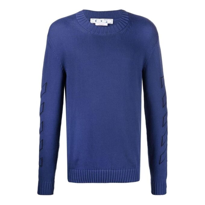 Off-White Herre FW22 Ensfarget Logo-brodert Rundhalset Pullover Langermet Ullgenser Blå