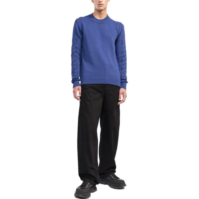 Off-White Herre FW22 Ensfarget Logo-brodert Rundhalset Pullover Langermet Ullgenser Blå