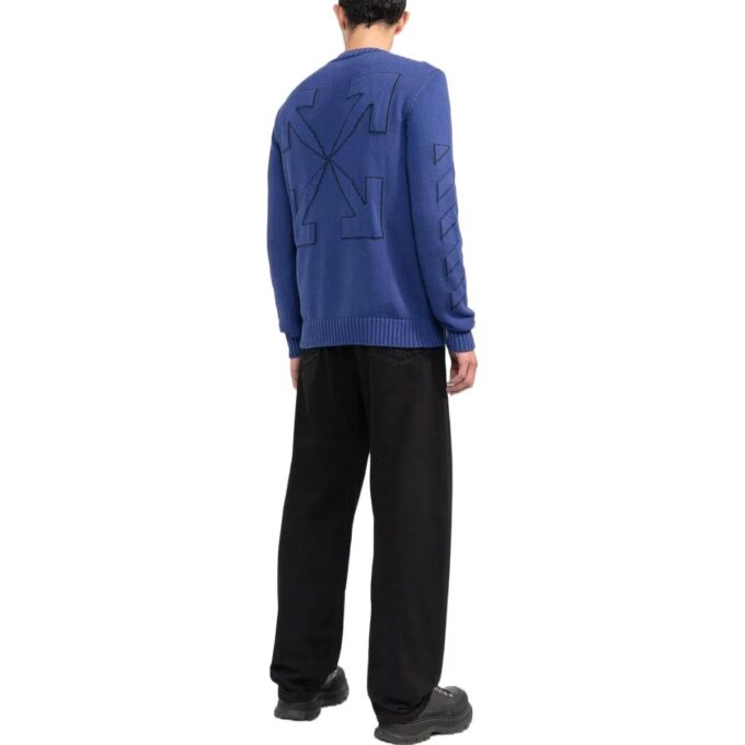 Off-White Herre FW22 Ensfarget Logo-brodert Rundhalset Pullover Langermet Ullgenser Blå