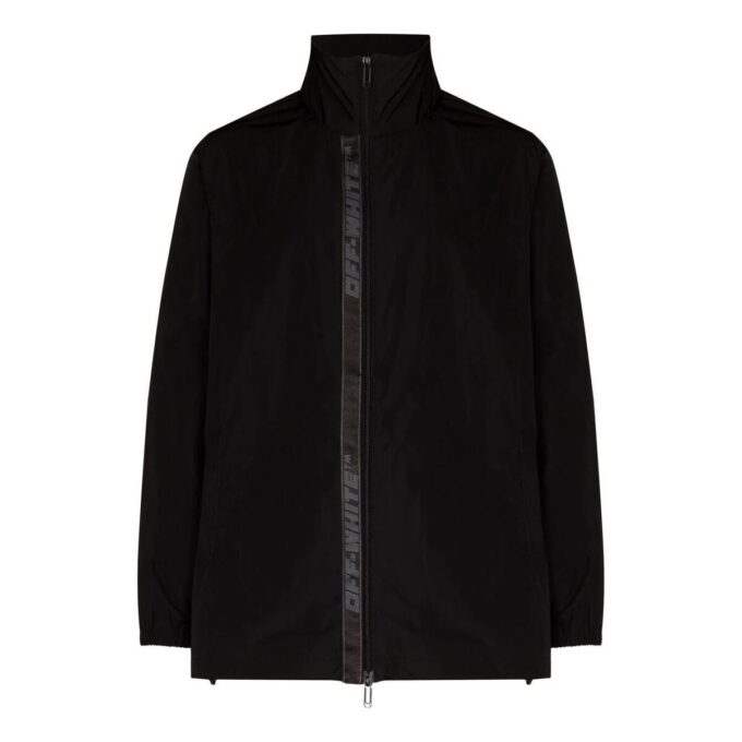 Off-White Herre FW22 Ensfarget Logo Webbing Glidelås Stående Krage Jakke Svart