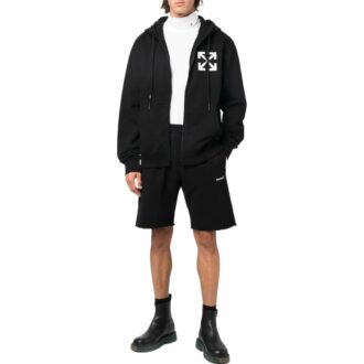 Off-White Herre FW22 Ensfarget med logo-trykk, elastisk linning, sportsshorts, standardversjon, svart