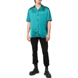Off-White Herre FW22 Ensfarget Minimalistisk Satin Kortærmet Blå Skjorte