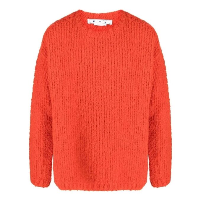 Off-White Herre FW22 Ensfarget Rundhalset Logo-brodert Langermet Ullgenser Løs Passform Oransje
