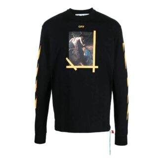 Off-White Herre FW22 Ensfarget Rundhalset T-skjorte med trykk og lange ermer i svart