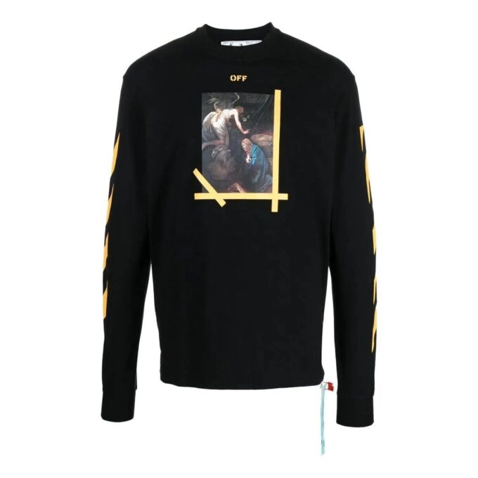 Off-White Herre FW22 Ensfarget Rundhalset T-skjorte med trykk og lange ermer i svart