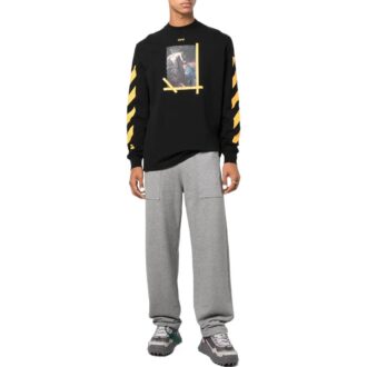 Off-White Herre FW22 Ensfarget Rundhalset T-skjorte med trykk og lange ermer i svart