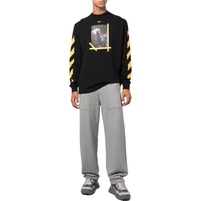 Off-White Herre FW22 Ensfarget Rundhalset T-skjorte med trykk og lange ermer i svart