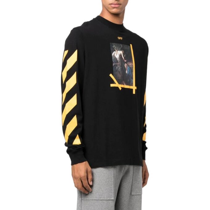 Off-White Herre FW22 Ensfarget Rundhalset T-skjorte med trykk og lange ermer i svart