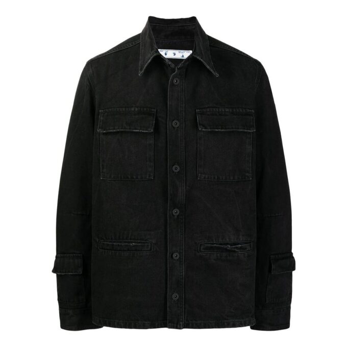Off-White herre FW22 ensfarget, uformell langermet Denim-skjorte i svart