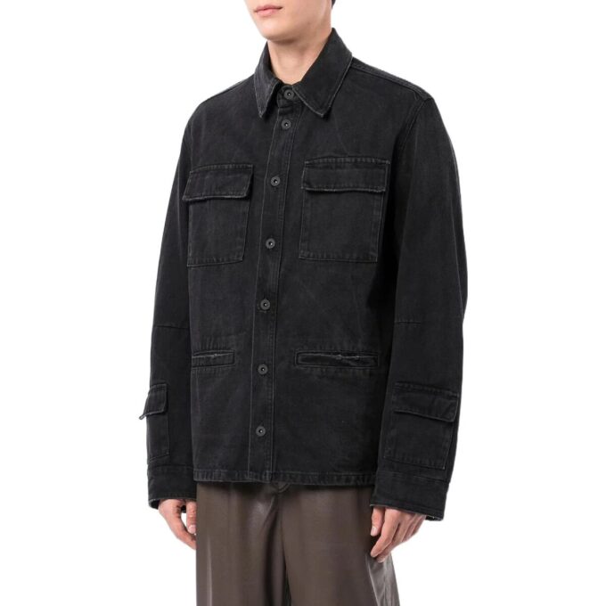 Off-White herre FW22 ensfarget, uformell langermet Denim-skjorte i svart
