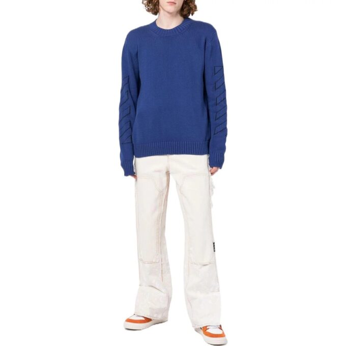 Off-White Herre FW22 Geometrisk mønster Intarsia-strikket rundhalset langermet ullgenser Blå