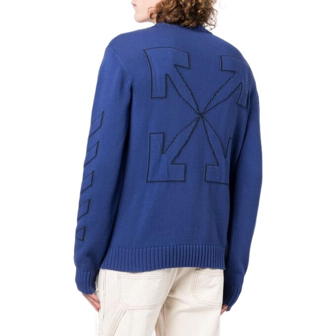 Off-White Herre FW22 Geometrisk mønster Intarsia-strikket rundhalset langermet ullgenser Blå