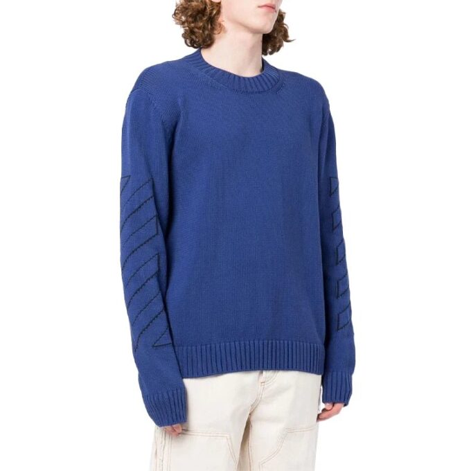 Off-White Herre FW22 Geometrisk mønster Intarsia-strikket rundhalset langermet ullgenser Blå