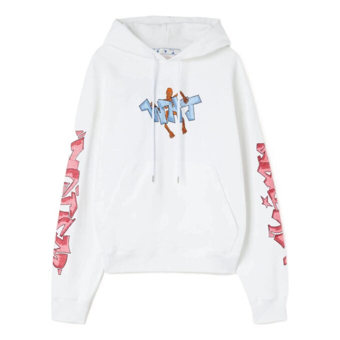 Off-White Herre FW22 Graffiti Løs hettegenser med lange ermer Hvit