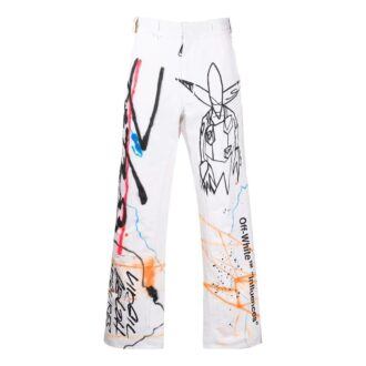 Off-White Herre FW22 Graffititrykk Høy midje Rett Casual Bukser/Lange bukser Versjon Hvit