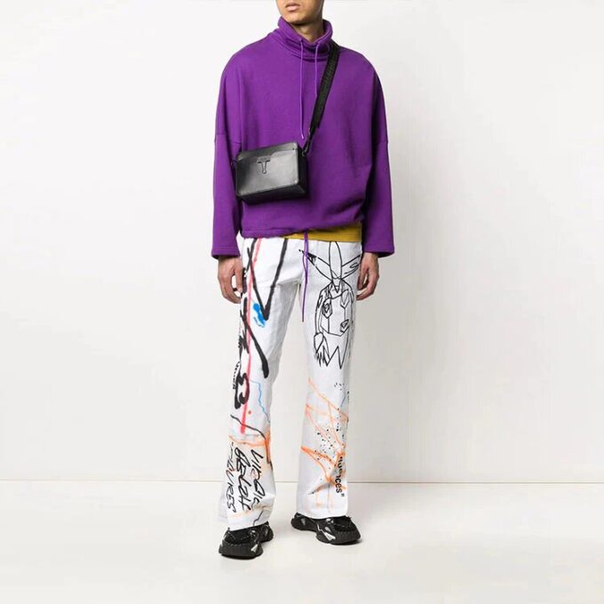 Off-White Herre FW22 Graffititrykk Høy midje Rett Casual Bukser/Lange bukser Versjon Hvit