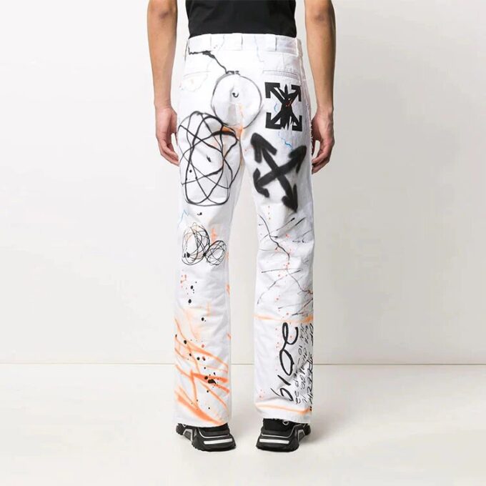Off-White Herre FW22 Graffititrykk Høy midje Rett Casual Bukser/Lange bukser Versjon Hvit
