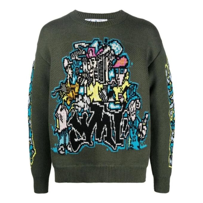 Off-White Herre FW22 Intarsia-strikket langermet ullgenser Grønn