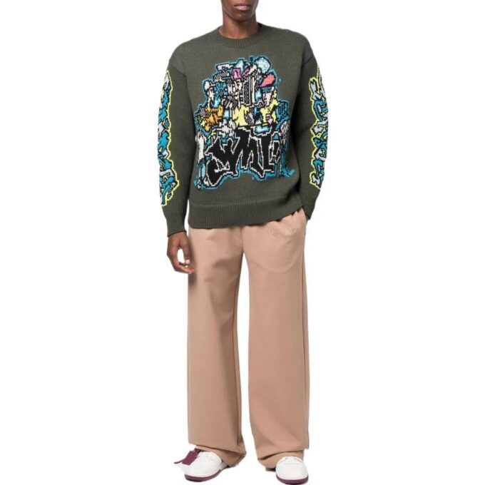 Off-White Herre FW22 Intarsia-strikket langermet ullgenser Grønn