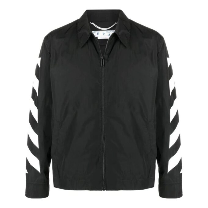 Off-White Herre FW22 Jakke med glidelås, revers og striper på ermene, svart