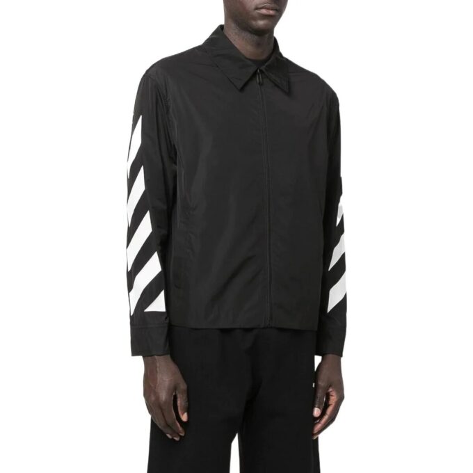 Off-White Herre FW22 Jakke med glidelås, revers og striper på ermene, svart